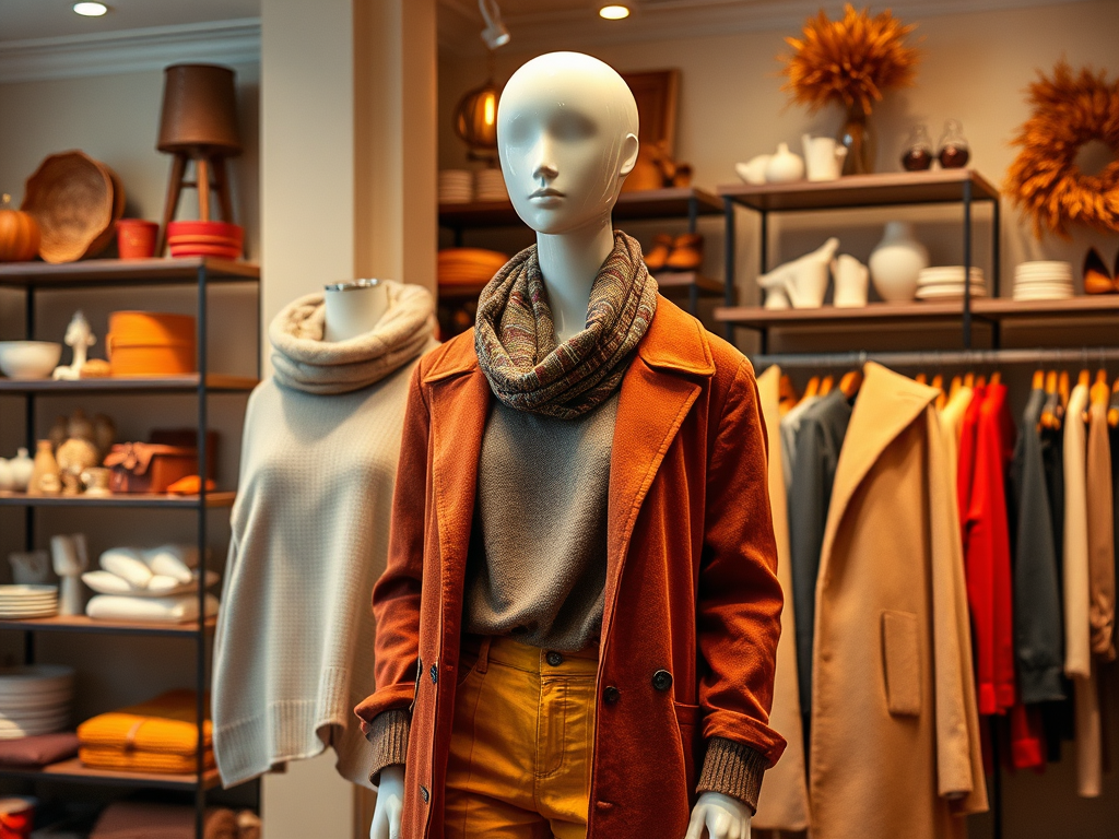 Mannequin in een trendy outfit met een oranje mantel en een sjaal, omringd door mode en accessoires in een winkel.