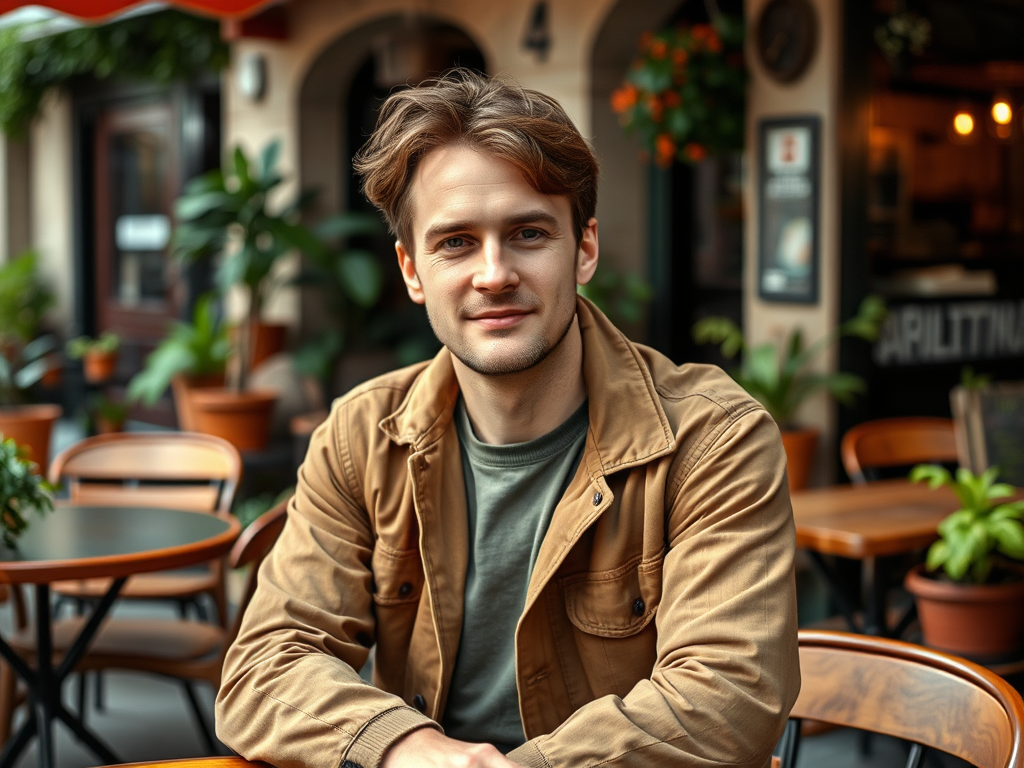 Een jonge man zit aan een tafel in een café, omringd door planten en een warme, gastvrije sfeer.