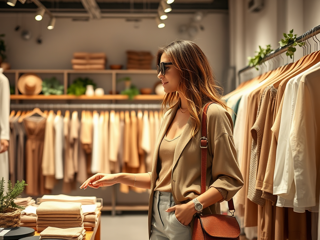 Een vrouw in een modewinkel kijkt naar kleding op een tafel terwijl ze een tas en zonnebril draagt.