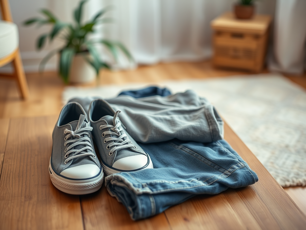 Een paar grijze sneakers naast een opgevouwen T-shirt en een spijkerbroek op een houten tafel.