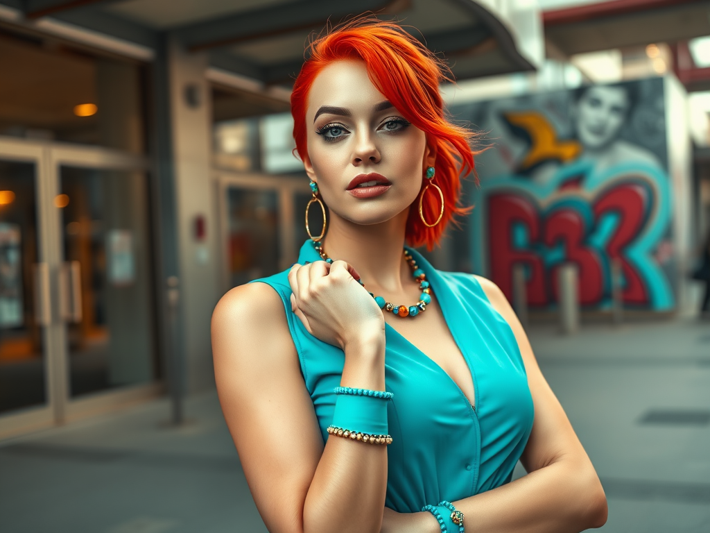 Een vrouw met een opvallende oranje haarkleur draagt een turquoise outfit en opvallende sieraden in een stedelijke omgeving.