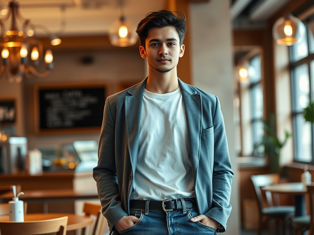 Een jonge man in een casual outfit staat ontspannen in een koffiebar, omringd door een warme sfeer.