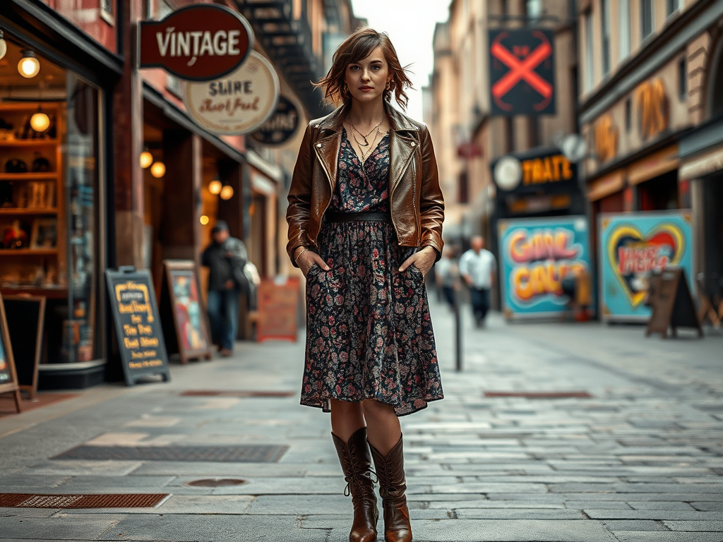 Een vrouw in een bloemenjurk en leren jas poseert op een straat met vintage winkels. Rustige stadsomgeving.