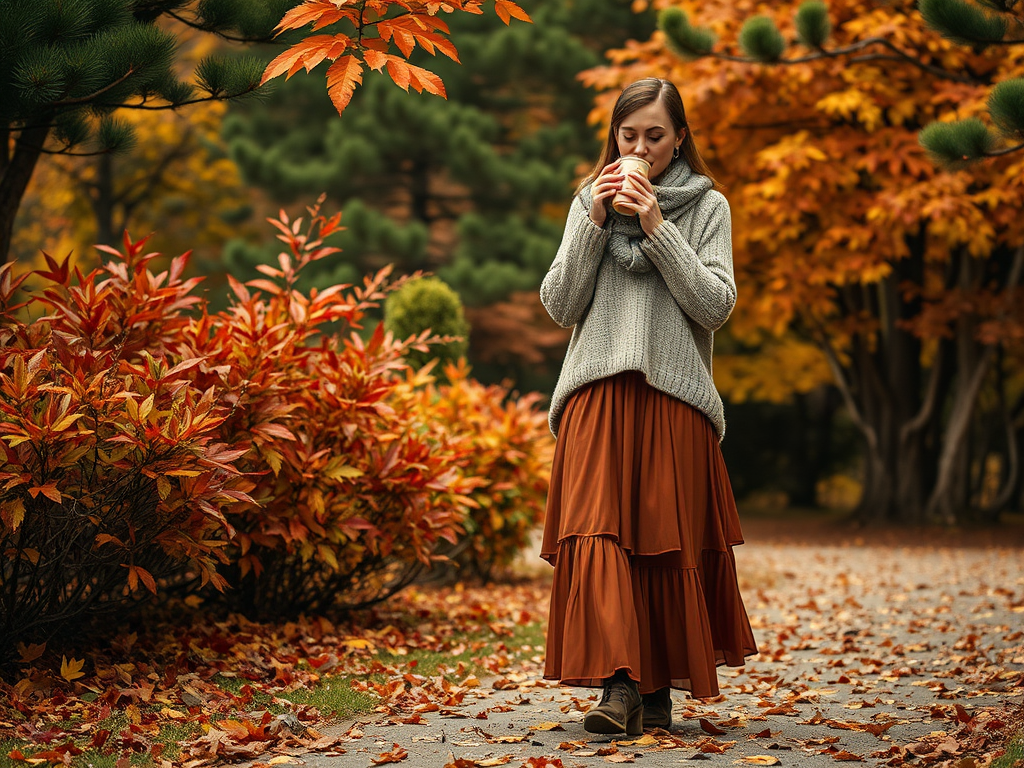 Een vrouw in een grijze trui en een oranje rok, geniet van een drankje te midden van herfstbladeren.