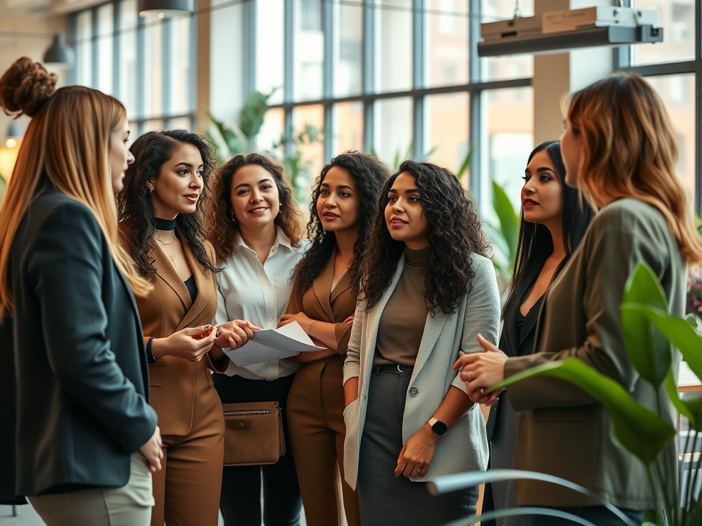 Een groep van zeven vrouwen in zakelijke kleding, met een professionele en enthousiaste uitstraling in een moderne ruimte.