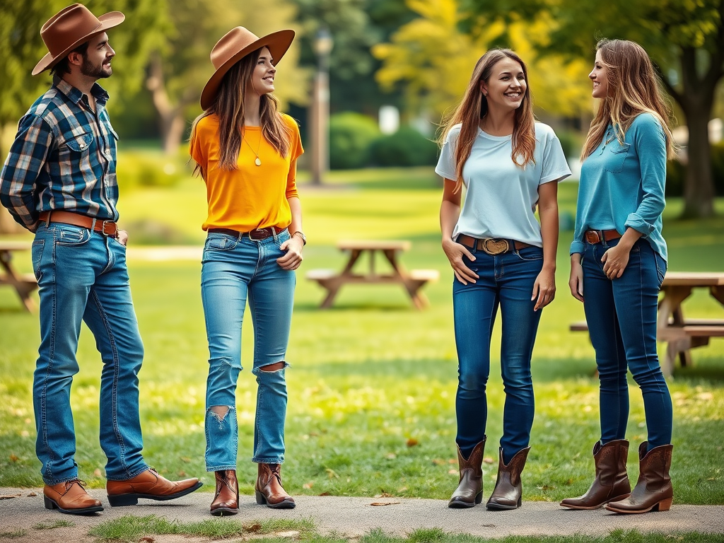 Vier jongvolwassenen in jeans en hoeden staan in een park, lachend en met elkaar pratend.