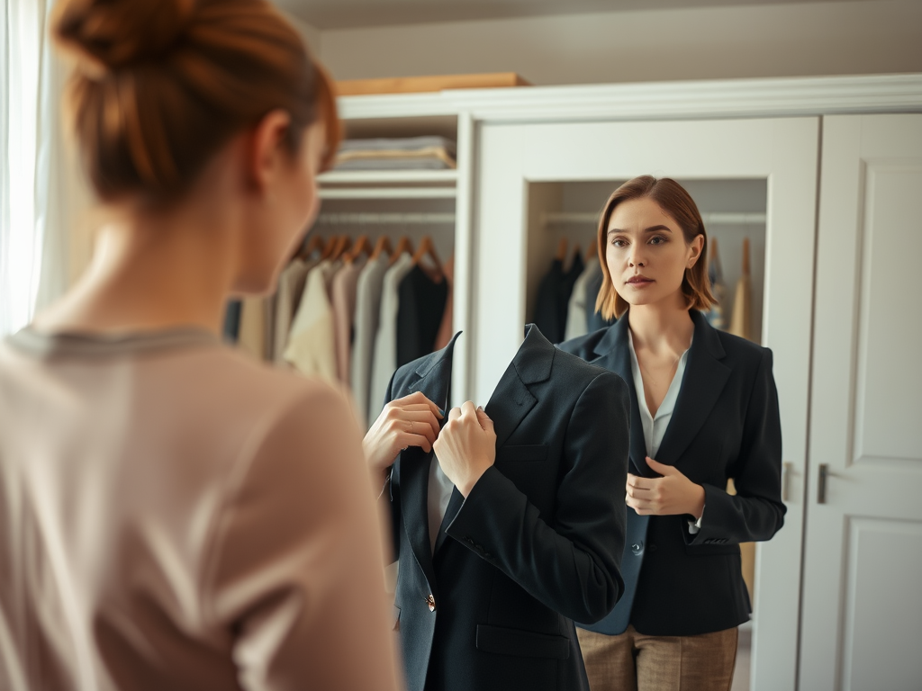 Een vrouw past een blazer terwijl ze in de spiegel kijkt, met een kast vol kleding op de achtergrond.