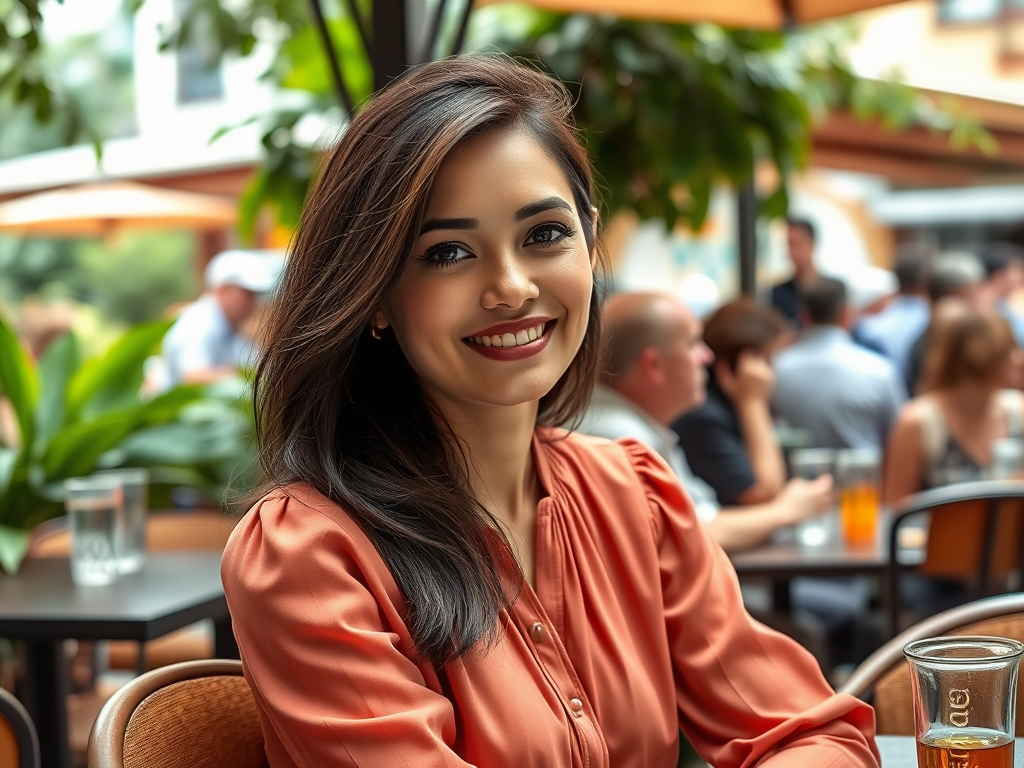 Een glimlachende vrouw in een oranje blouse, zittend in een druk restaurant met planten op de achtergrond.