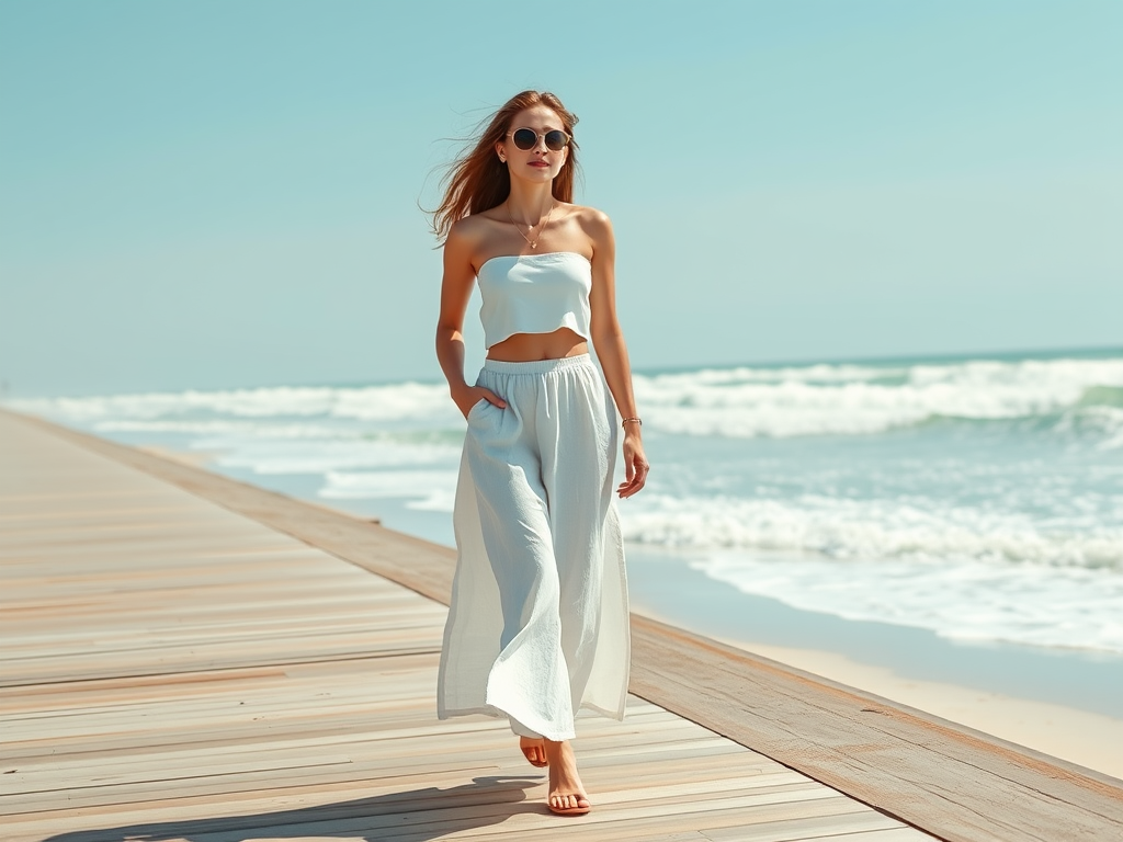 Een vrouw in een witte outfit wandelt langs het strand op een zonnige dag, omringd door de zee.