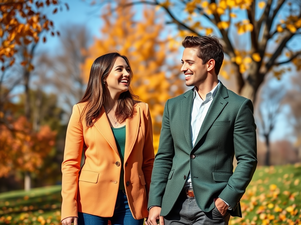 Een vrouw in oranje en een man in groen lachen samen in een herfstlandschap vol gekleurde bladeren.