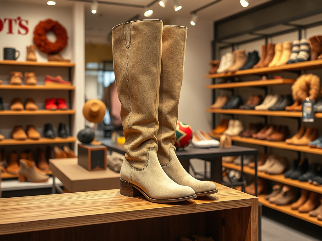 Lange, beige laarzen op een houten tafel, met schoenen op de achtergrond in een schoenenwinkel.