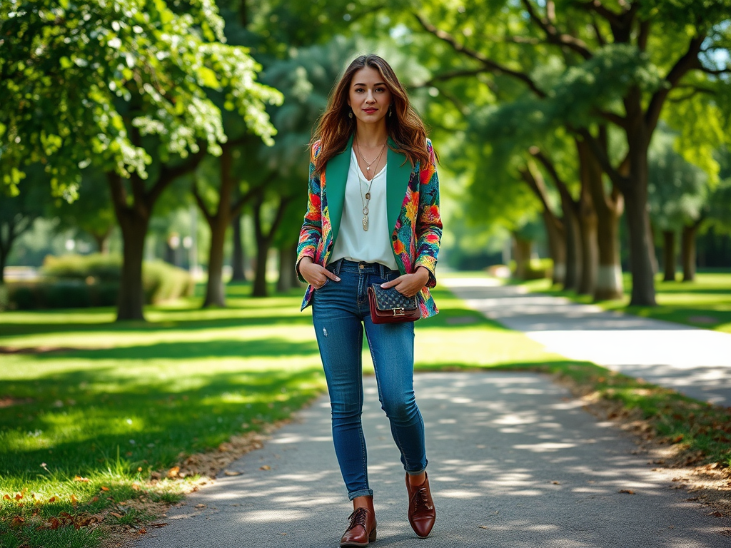 Een vrouw in een kleurrijke blazer en jeans loopt op een pad omringd door bomen in een park.